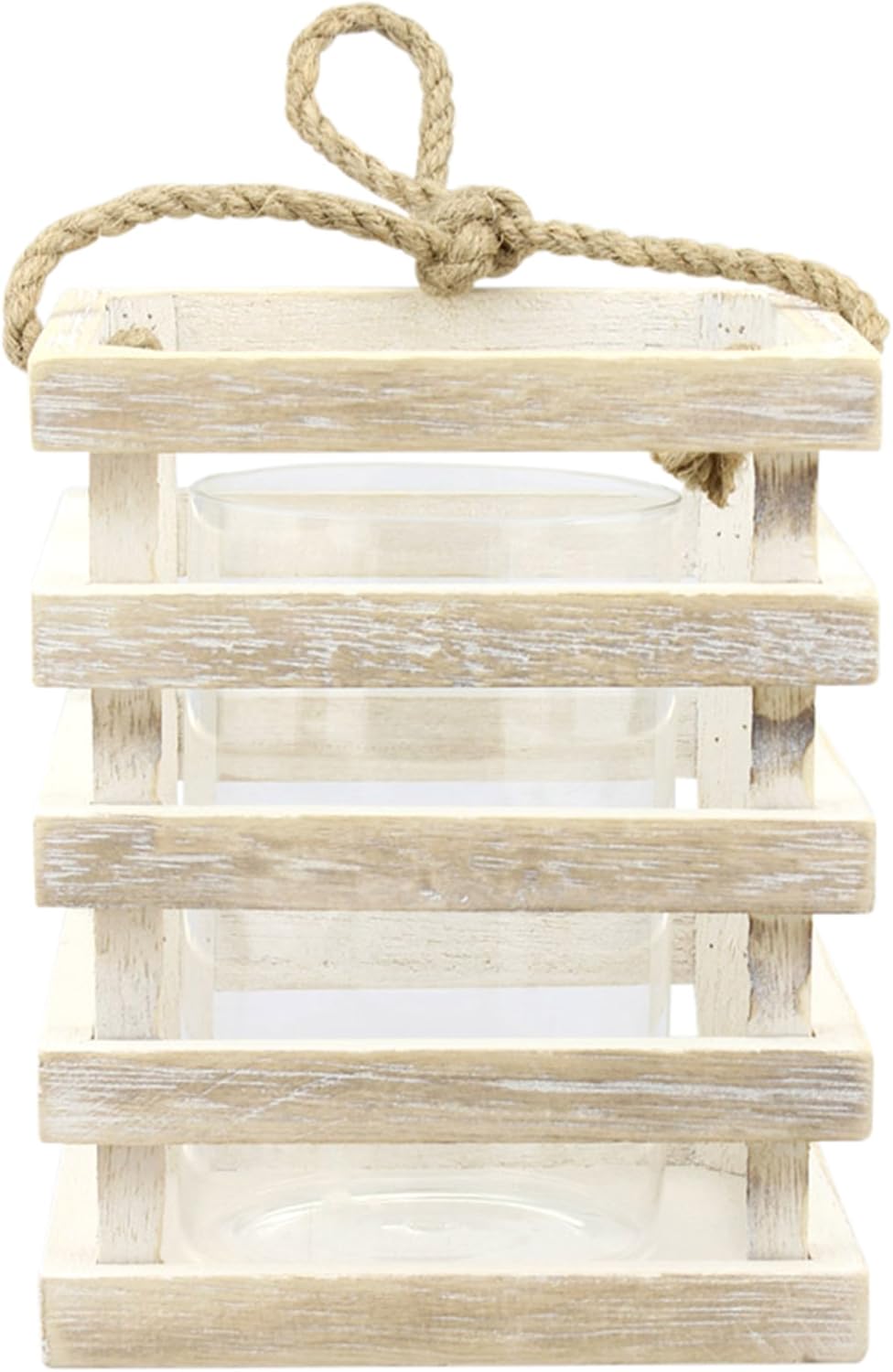 Stonebriar Small Worn White Wooden Candle Lantern with Removable Glass Cylinder Hurricane and Rope Handle