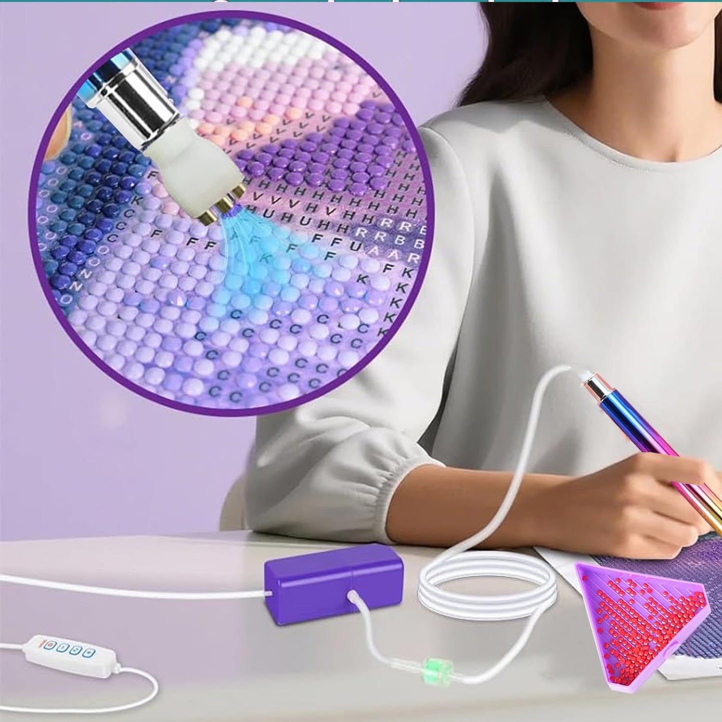 Diamond Art Painting Vacuum Pen Kit, Electric Diamond Art Pen with Screw Multiplacers, Roller, Storage Tray, No Wax Needed Diamond Art Accessories DIY 5D Art Craft Jewelry Bead Rhinestones (Pink)