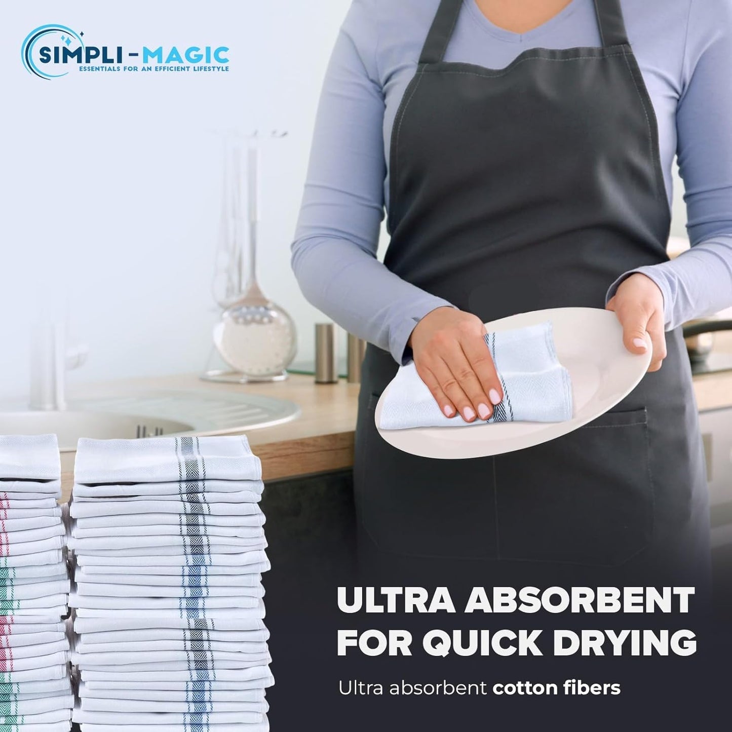 15"x25" (30 Pack) Simpli-Magic Cotton Herringbone Dish Towels, High Absorbent Kitchen Hand Towels (Multi-Color)