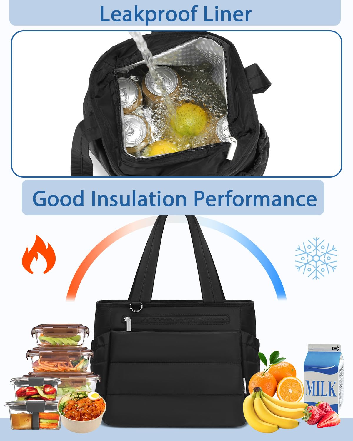 Lunch Box Tote Bag - Versatile Soft Insulated Lunchbox for Women - Lightweight Stylish Simple Lunch Pail Reusable Large Cooler Bag for Adults Work Office Camping Picnic Travel Outdoor Trips Black 10L