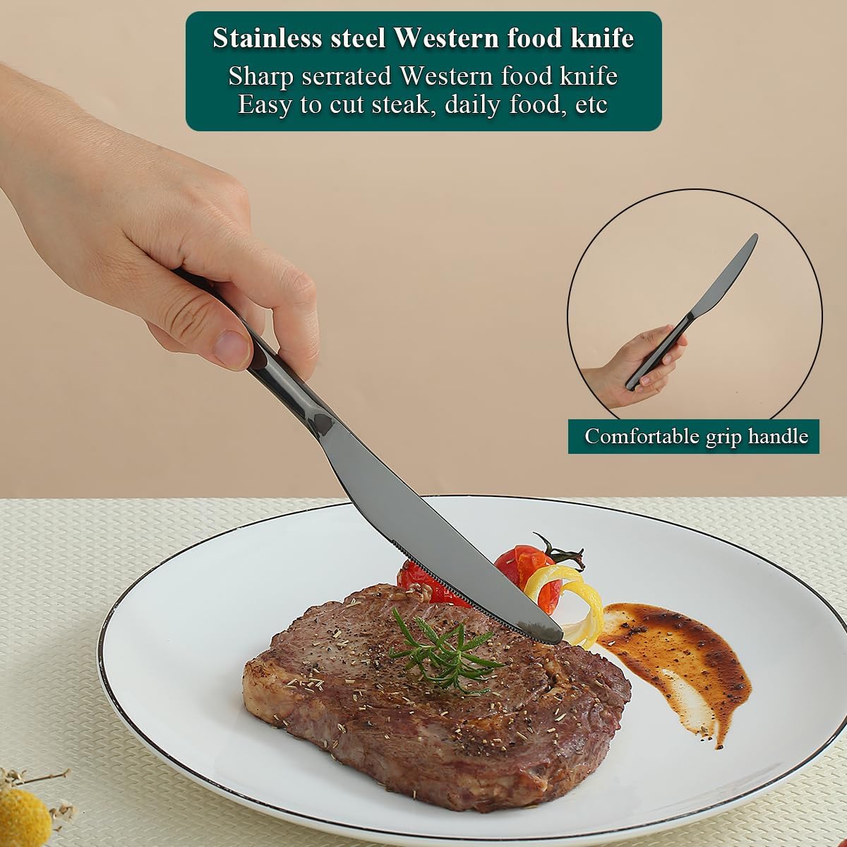 Black Dinner Knives Set, 12 Pieces, Titanium Plating Stainless Steel, Dishwasher Safe Cutlery Set