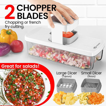 KEOUKE 8-in-1 Vertical Vegetable Chopper Mandoline Slicer with Container White - Safe Tap Out Dicer with Hand Guard for Kitchen Easy Food Prep, Onion Potato Veggie Fruit
