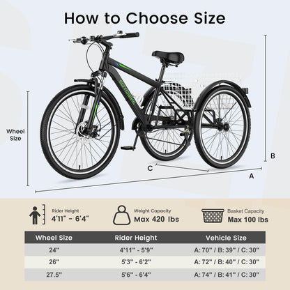 EOYOBIKE 7-Speed Adult Tricycle, 24/26/27.5 Inch 3-Wheel Bike with 420 lbs Capacity, All-Terrain Mountain Trike, Dual Disc Brakes & Large Rear Basket for Seniors, Men, Women, Fitness, Shopping