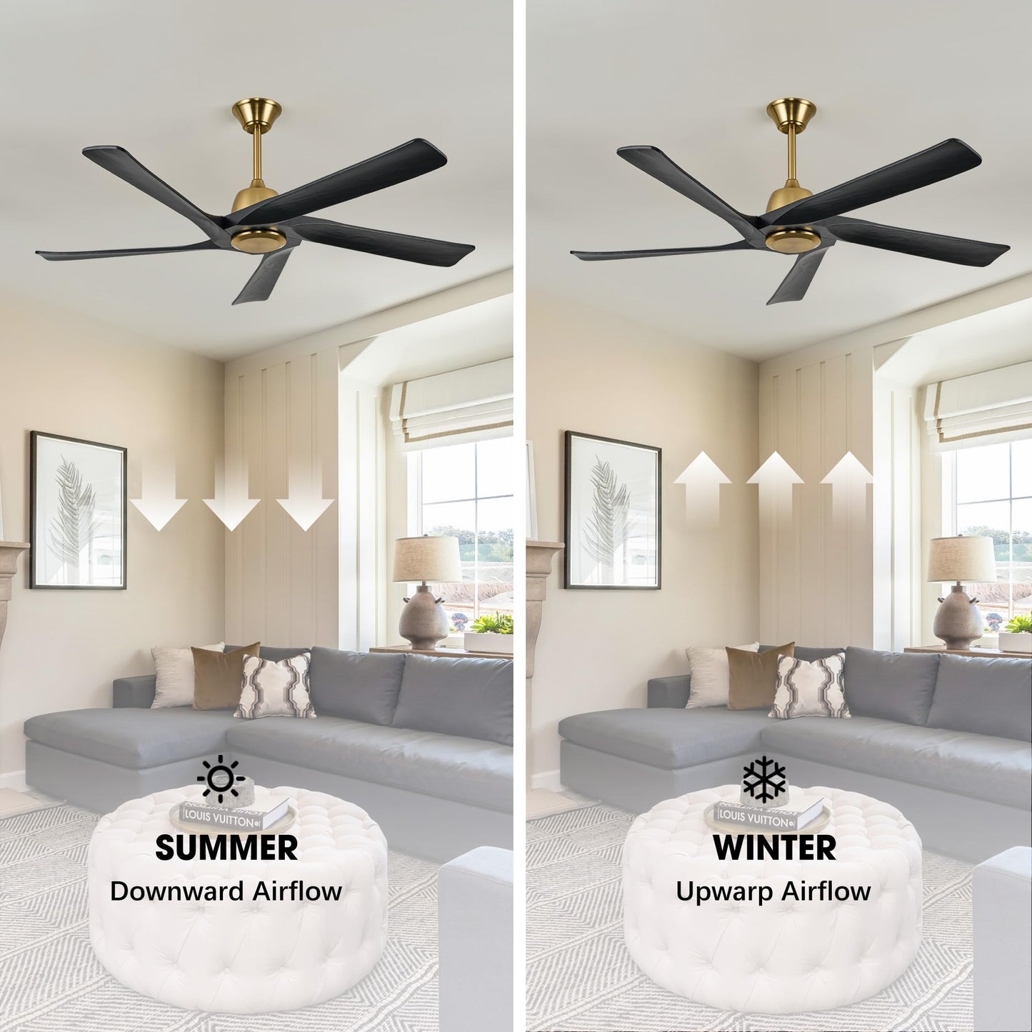 LVYEAYOU 60" Black and Gold Ceiling Fan No Lights, Remote and APP Control, 6-speed Reversible, Quiet DC Motor, Wood Ceiling Fans for Bedroom, Living Room, Office, Outdoor Patio