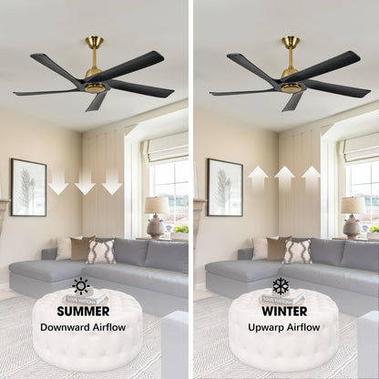 LVYEAYOU 60" Black and Gold Ceiling Fan No Lights, Remote and APP Control, 6-speed Reversible, Quiet DC Motor, Wood Ceiling Fans for Bedroom, Living Room, Office, Outdoor Patio