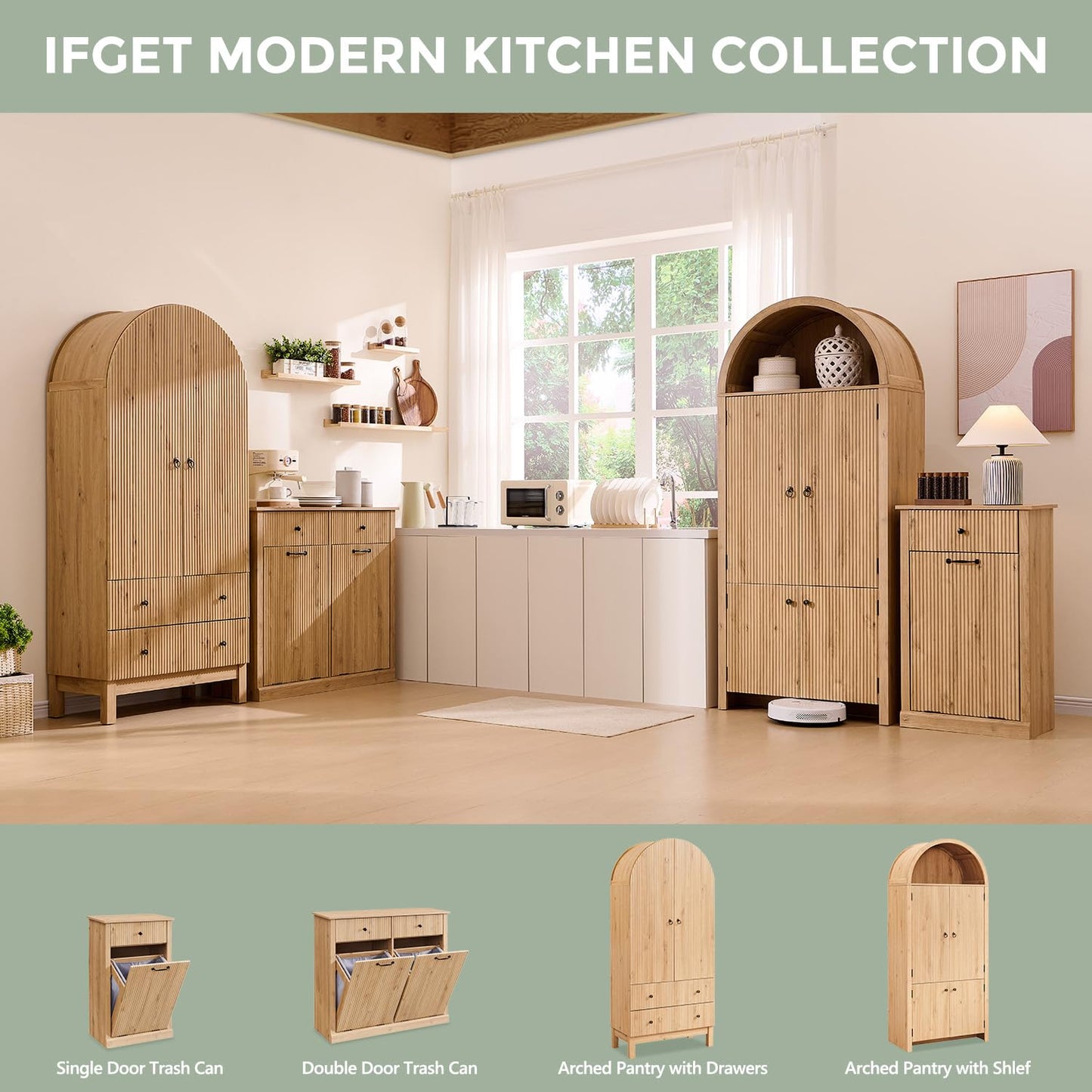 IFGET Triple Tilt Out Trash Can Cabinet, Modern Fluted Laundry Hamper Cabinet with 3 Drawers, 20 Gallon Hidden Wooden Garbage Can Cabinet w/Storage Basket & Adjustable Shelf, for Kitchen, Natural Oak