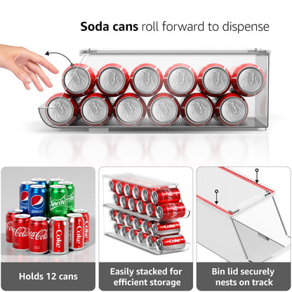 Sorbus Soda Can Organizer for Refrigerator Stackable Can Holder Dispenser with Lid for Fridge, Pantry, Freezer – Holds 12 Cans Each, BPA-Free, Clear Design, (2-Pack)