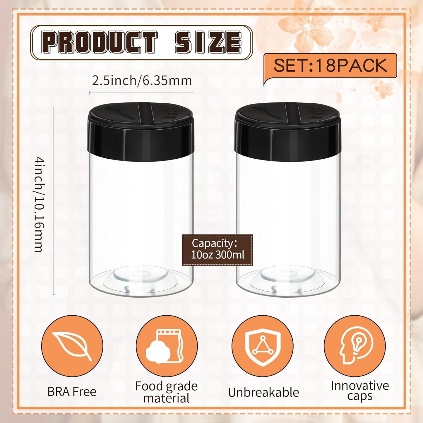 Uiifan 18 Pack 10 oz Spice Jars with Black Lids, Clear Plastic Spice Containers with Shaker Lids for Kitchen
