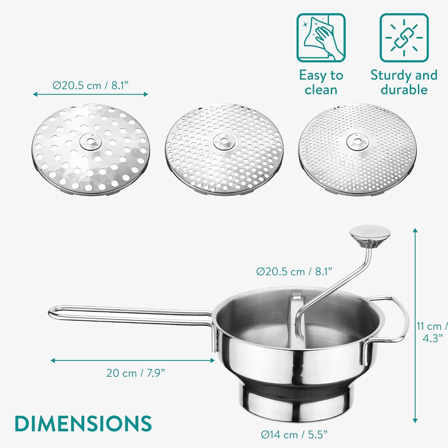2-Quart 3 Navaris Stainless Steel Food Mill with Grinding Discs - Rotary Food Mill to Grind & Puree Fruits, Vegetables