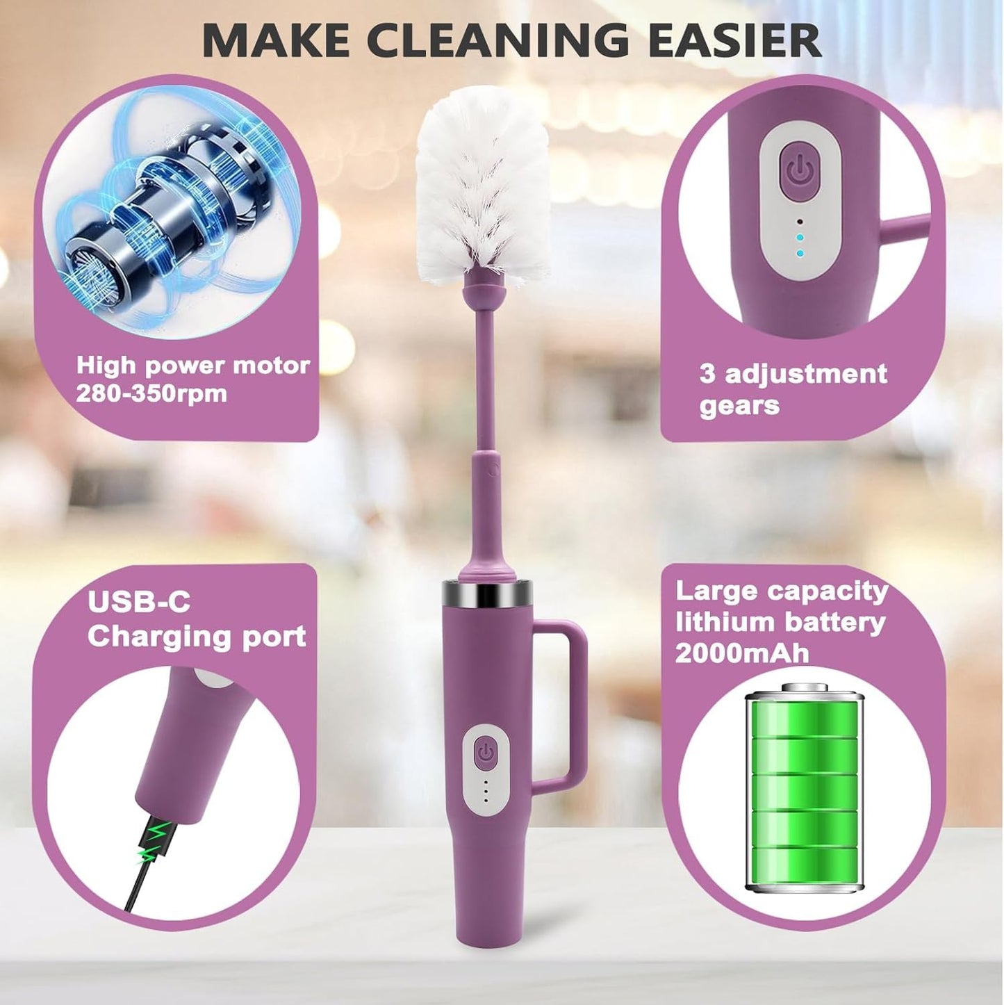 5 in 1 Electric Bottle Brush Cleaner Compatible Stanley Bottle Brush Straw Cleaner Multifunction Rechargeable IPX6 Waterproof Extra Long Design for Stanley Cup, Sports Bottle and More (Purple-1)