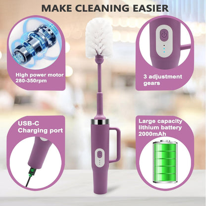 5 in 1 Electric Bottle Brush Cleaner Compatible Stanley Bottle Brush Straw Cleaner Multifunction Rechargeable IPX6 Waterproof Extra Long Design for Stanley Cup, Sports Bottle and More (Purple-1)