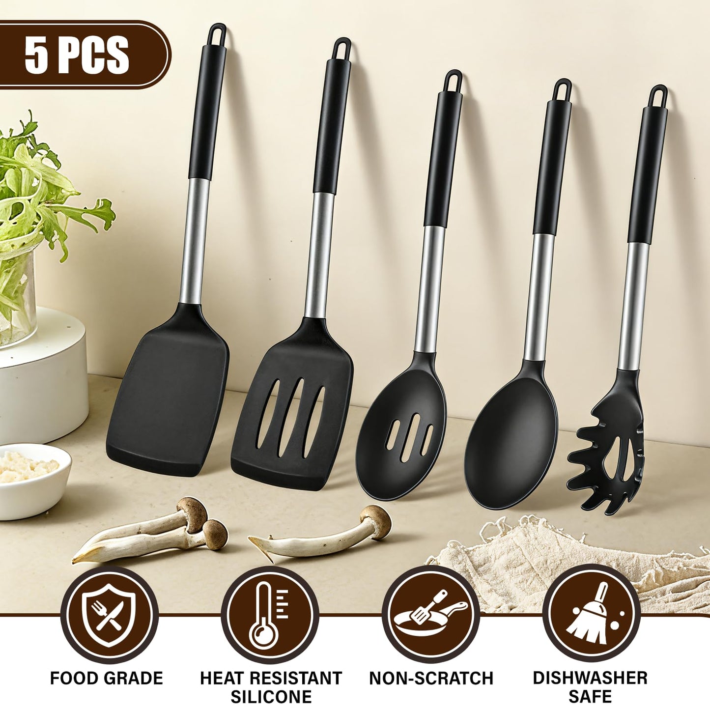 5Pcs Silicone Cooking Utensils Set, Heat Resistant Kitchen Tools Include Solid&Slotted Spatula, Cooking Spoon and Pasta Server, Silicone Kitchen Utensils set for Nonstick Cookware Flipping, Black