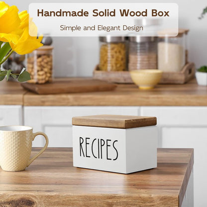 BWODYAY Recipe Box, Wood Recipe Card Box Set, Recipe Box with 100 Cards and 6 Dividers,4x6 Recipe Organizer, Recipe Card Holder, White