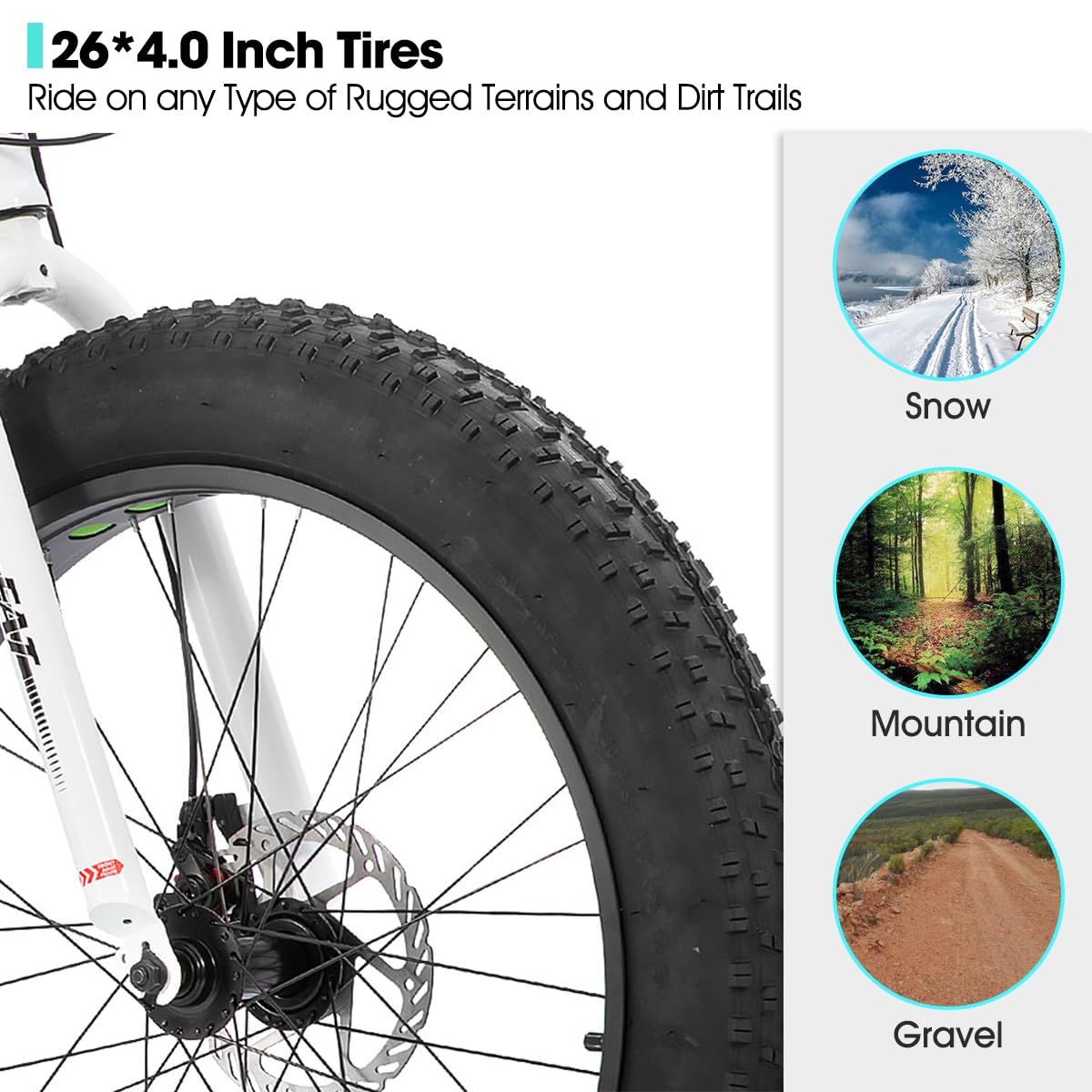 HH HILAND 26 Inch Kids' Bicycles Fat Tire Mountain Bike for Boys and Girls, 7-Speed, Dual-Disc Brake, Kids Beach and Snow Bicycle White