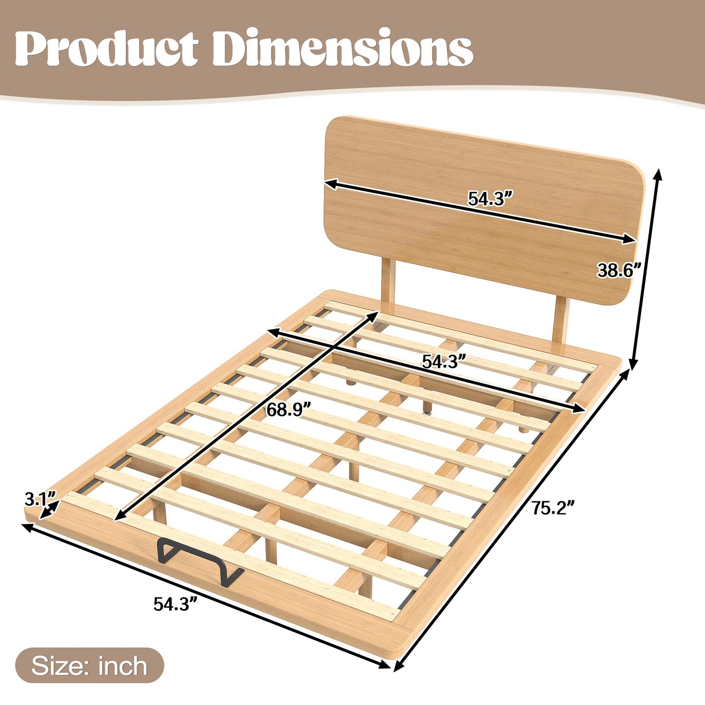 KEIKI Full Size Bamboo Platform Bed with Headboard and USB Ports, Mid-Century Modern Floating Bed Frame with Solid Support Slats, No Box Spring Needed, Easy Assembly, Noise Free, for Bedroom, Natural