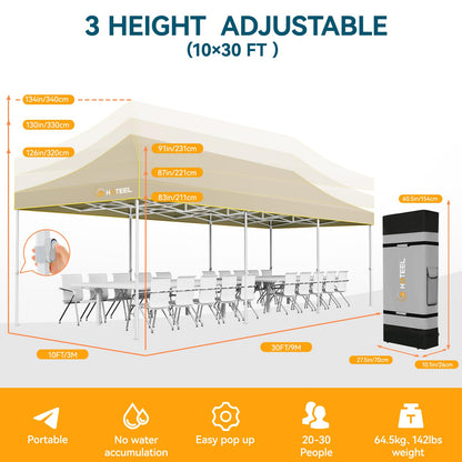 Hoteel 10x30 Pop Up Canopy Heavy Duty Without Sidewall, Waterproof Outdoor Event Tents, Easy Set-up Instant Tent with Hand Bag, Rope & Nail, Hexagonal Leg (1-Year Warranty,Upgrade)
