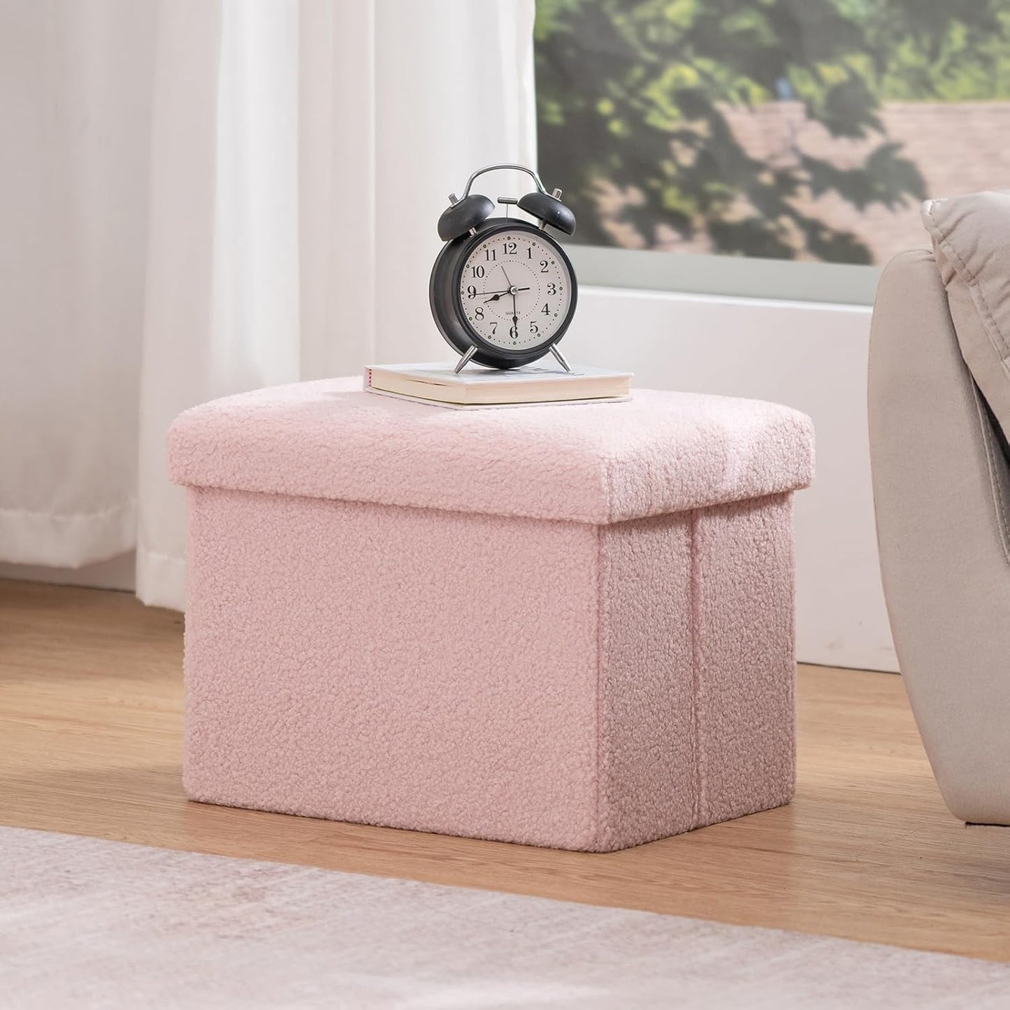 16 Inch 331 lb Folding Storage Ottoman Bench, Boucle Small Ottoman Foot Rest for Couch, End of Bed Bench with Capacity