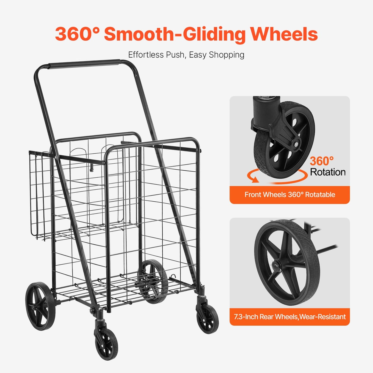 VEVOR Shopping Cart, 110 lbs Large Load Capacity, Folding Grocery Shopping Cart with 360° Swivel Wheels, Double Baskets, Locking Latch, Heavy Duty, Easy Installation, for Laundry, Luggage Camping
