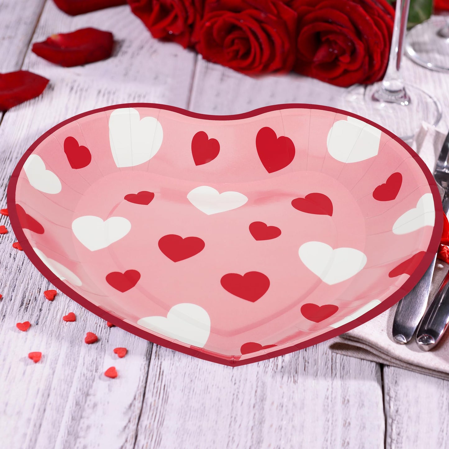 QZYL 48 PCS Valentines Plates, 9 IN Disposable Heart Shaped Plates, Red Pink Heart Design Heart Plates Valentines Paper Plate, Pink Dinnerware VD Party Supplies Wedding Table Decor