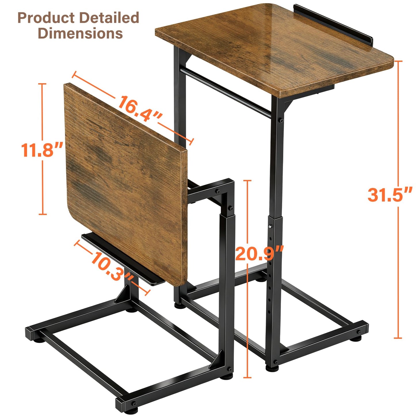Tv Tray Table Set of 2, 8-Level Adjustable Height Couch Side Table，90° Tilt Angle Adjustments C-Shaped End Table, with Phone & Tablet Slot Sofa Computer Desk for Couch, Sofa, Bed, Chair, Living Room