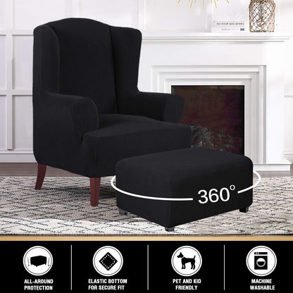 PrinceDeco Stretch Ottoman Cover Slipcovers, Rectangle for Living Room Foot Stool, Thick Checked Jacquard Fabric