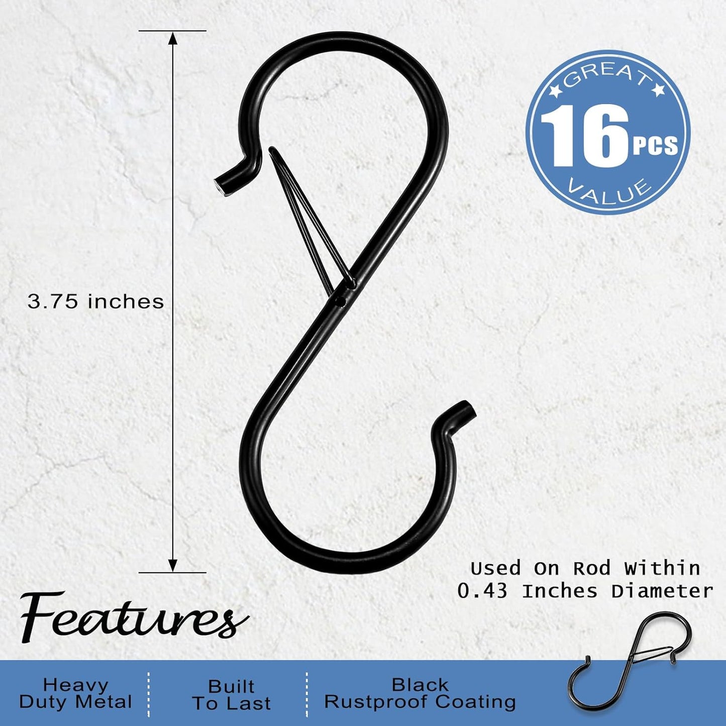ADIIL 16 Pcs S Hooks with Safety Buckle, Heavy Duty Metal S Shaped Hooks for Hanging Plants, Kitchen Utensils