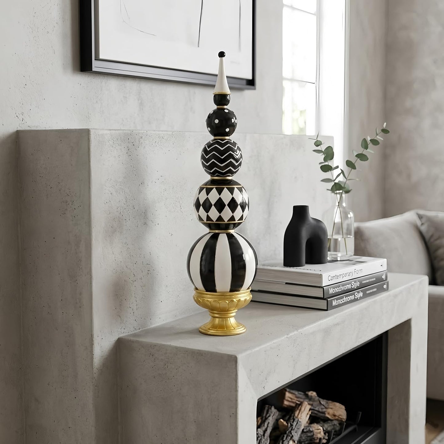 Bechivie Black and White Checkered Decor, 15.7 Inch Resin Modern Sphere Sculpture, Table Top Mantel Office Desk Shelf Halloween & Christmas Decorations for Home Statue