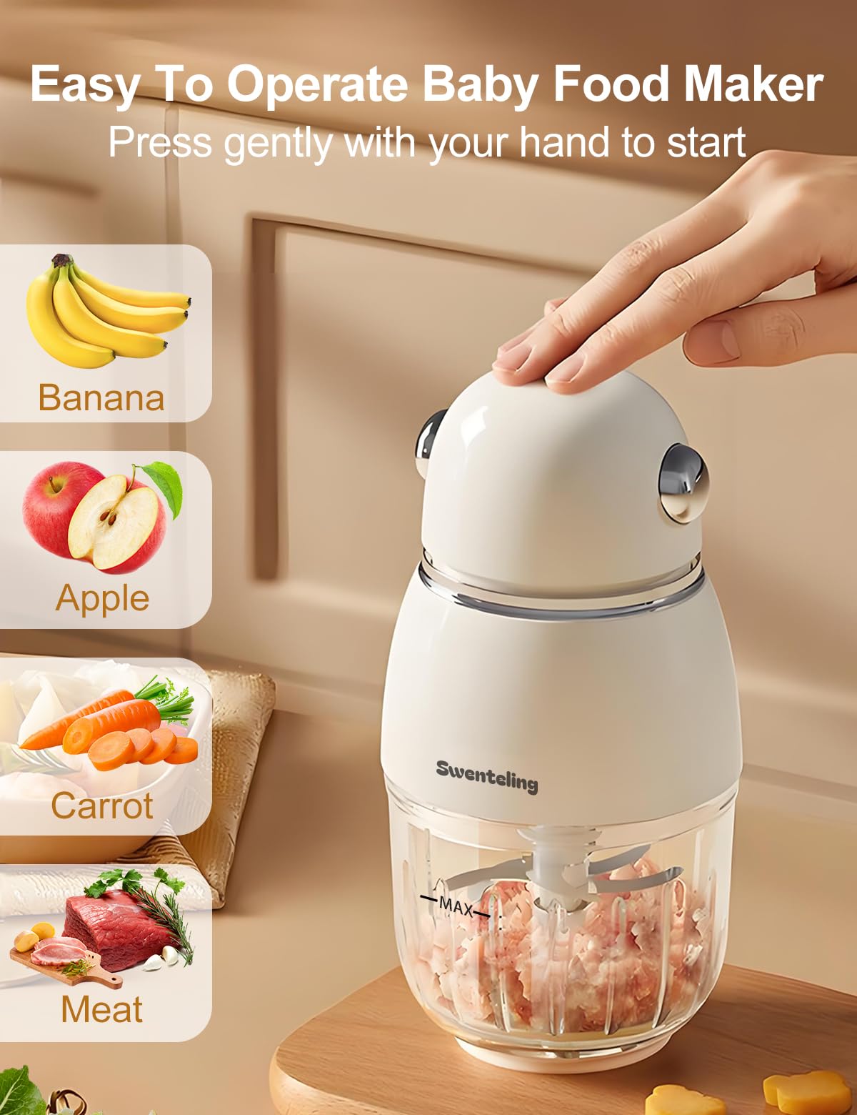 Swenteling Baby Food Maker, Creamy White Baby Food Blender, 10oz Food Puree Maker, Food Processor for Foods Fruit Vegetable Meat, 8-Second Quick Soft Food Prep，BPA-Free
