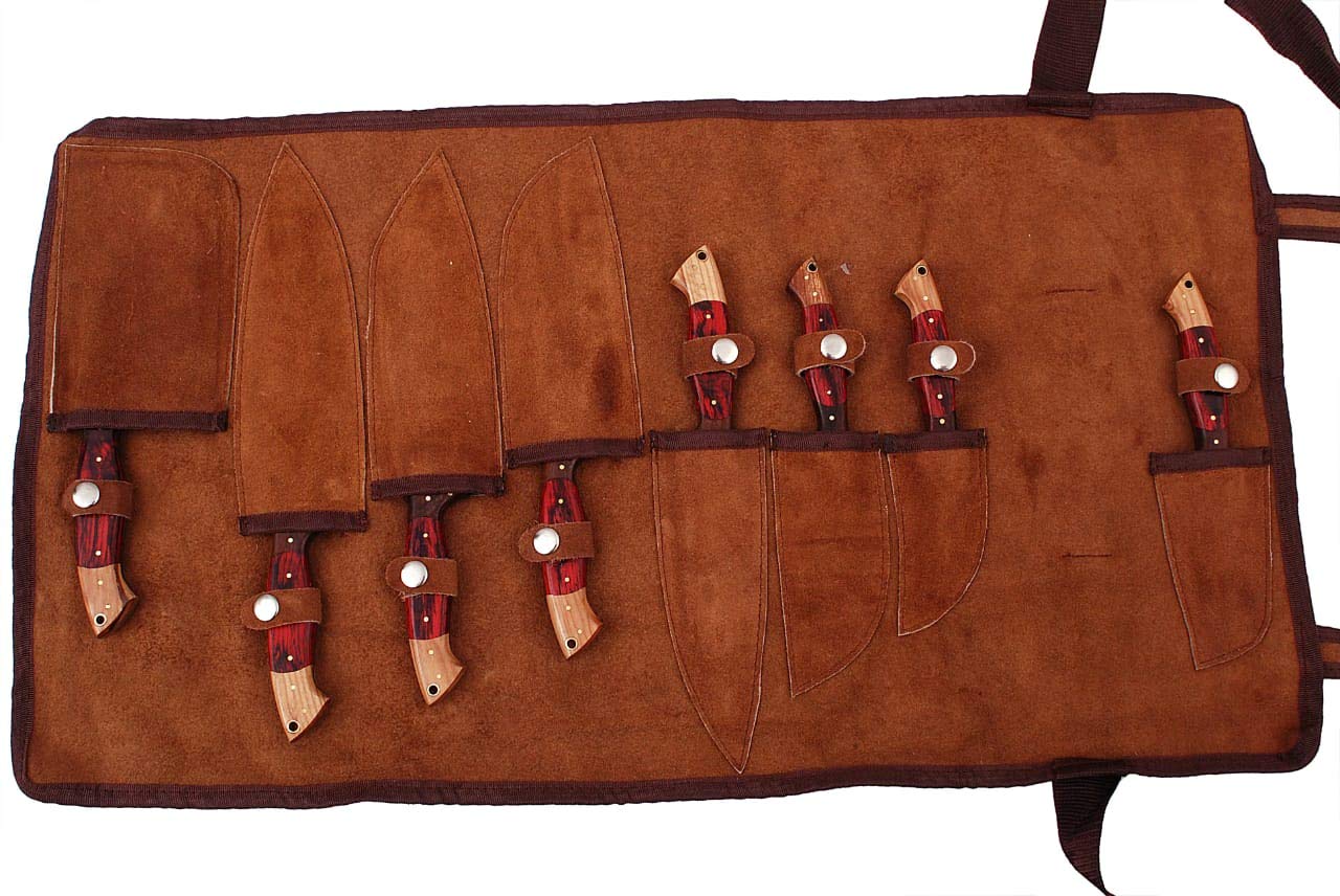 GladiatorsGuild G29RD- Professional Kitchen Knives Custom Made Damascus Steel 8 pcs of Utility Chef Knife Set with Chopper/Cleaver Pocket Case Roll Bag (Red)