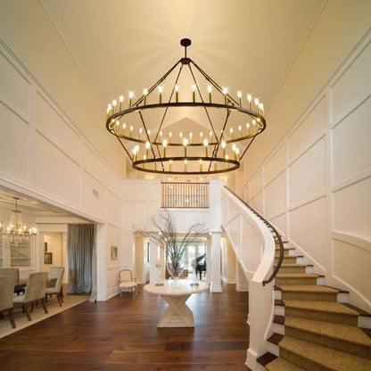WJShome 60" Wagon Wheel Chandelier, 2 Tiers 54-Light Large Farmhouse Foyer Chandelier for High Ceilings, Round Black and Gold Pendant Light Fixture, for Entryway, Dining Room, Staircase