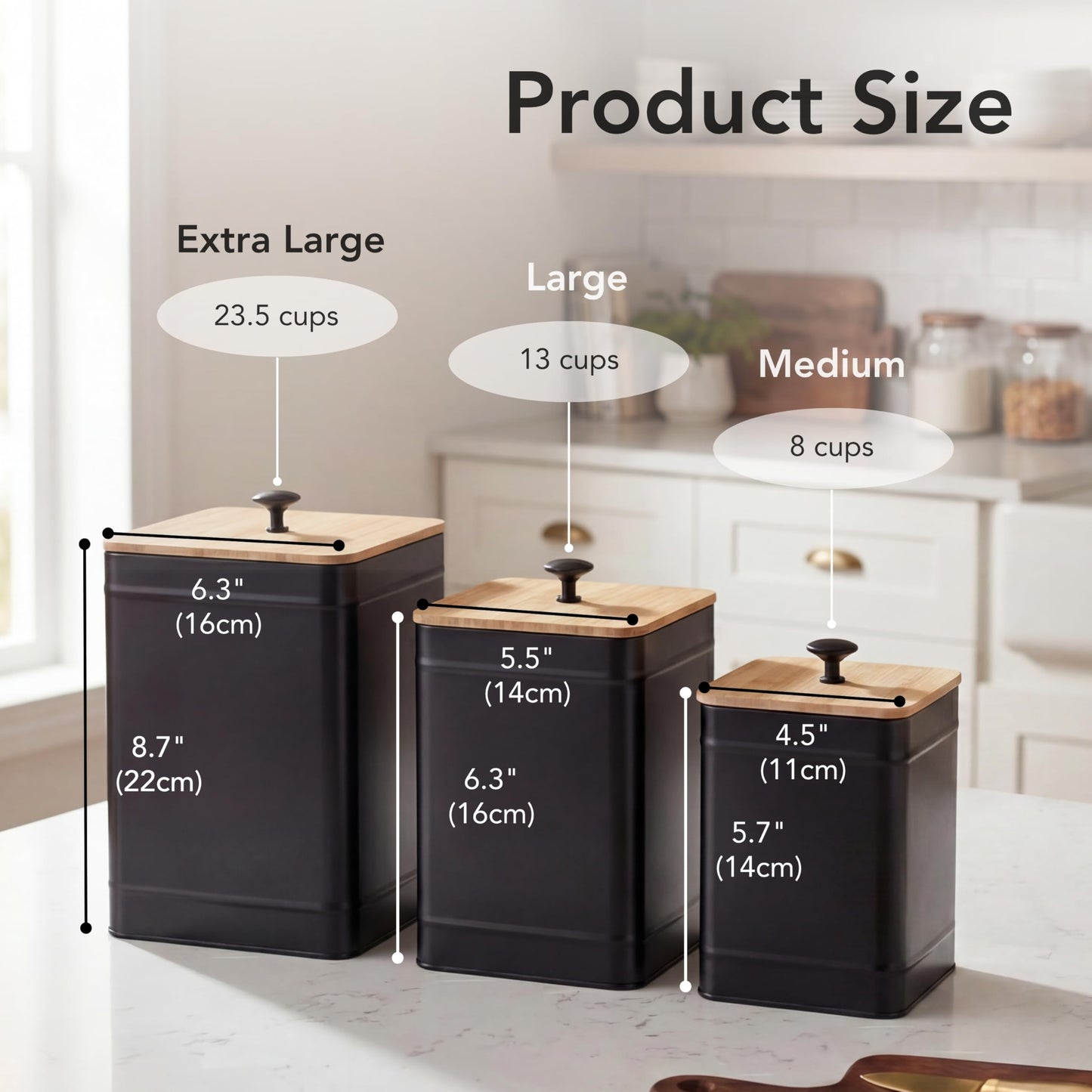 PERFNIQUE Kitchen Canisters for Countertop Set of 3, Airtight Canisters Sets for the Kitchen Counter with Lid, Metal Farmhouse Food Storage Containers Jars for Flour Sugar Coffee Tea Spice (Black)