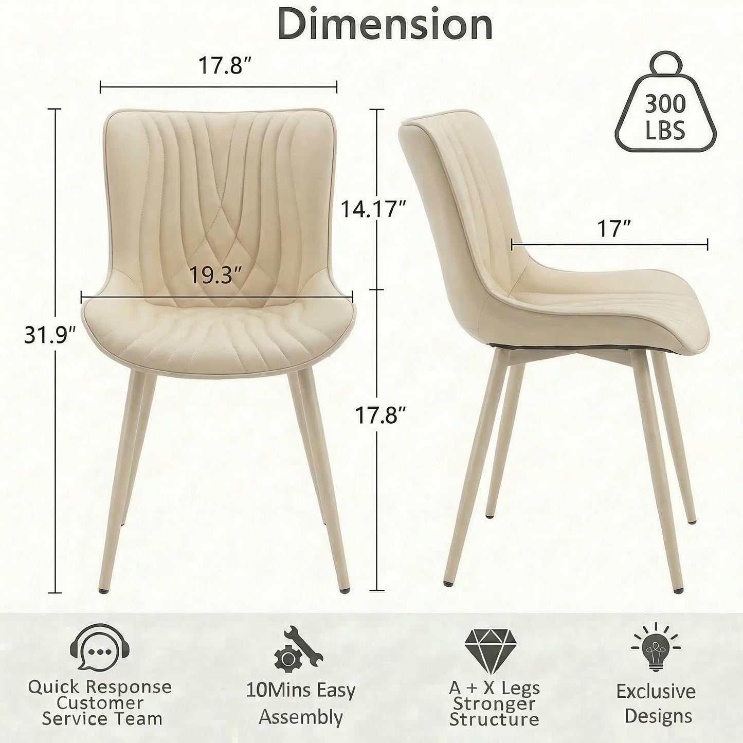 Kidol & Shellder Dining Chairs Set of 2, Mid Century Modern Kitchen Chairs with Metel Legs, PU Leather Upholstered Side Chair for Dining Room, Living Room, Lounge, Restaurant, Cream