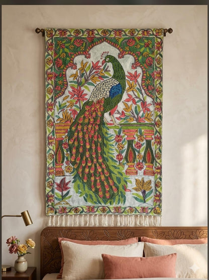 Kashmir Handmade Chain Stitch Peacock Wall Tapestry, Silk and Cotton on Canvas, 2.5 x 4 ft, Multicolor Floral Design Pack of 01
