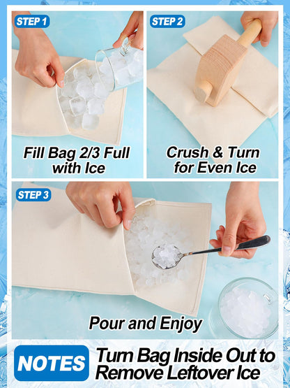 2 Pack Enlarged Canvas Ice Crusher Bags with 1 Mallet -16.5" × 8.7" Reusable Lewis Bags with Wooden Mallet for Home Kitchen Bar Party Ice Breaking