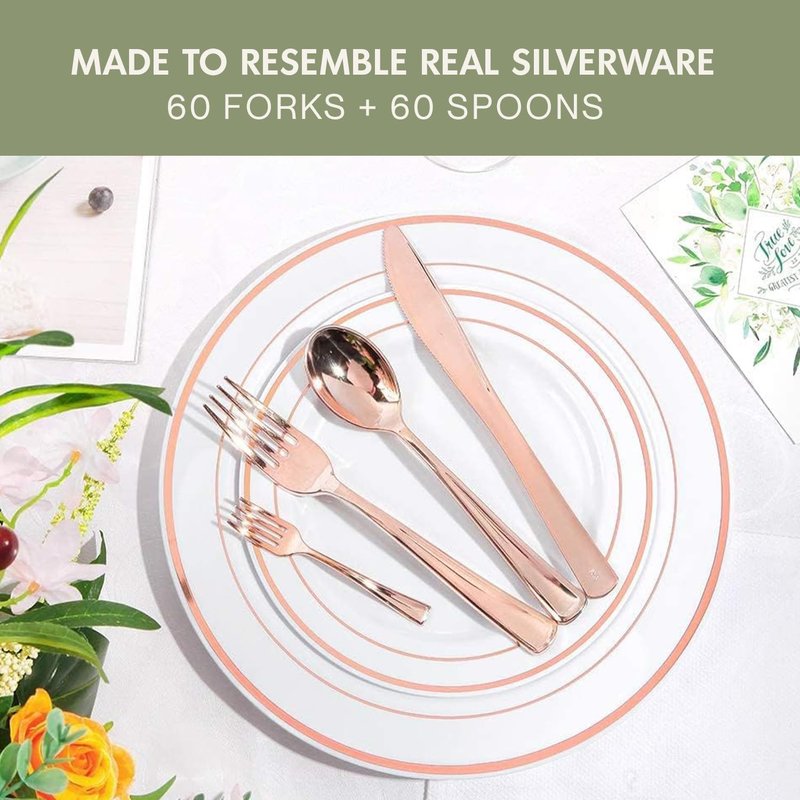 Rose Gold Disposable Cutlery Set, 120 Count Spoons + Forks