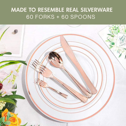 Rose Gold Disposable Cutlery Set, 120 Count Spoons + Forks