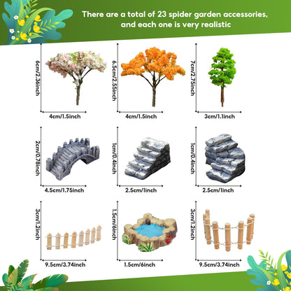 Julang 23 Pcs Fairy Garden Miniatures Jumping Spider Enclosure Accessories, Mini Bridge Fence Pond Street Lamps Mushroom Lawn Figurines Garden Decorations for Jumping Spider Habitat