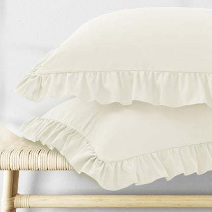 KKJIAF Ruffle Pillow Cases Standard Size Set of 2, Ruffled Pillow Covers with Envelope Closure, Wrinkle Resistant Ruffled Pillow Shams 20" x 26", Beige