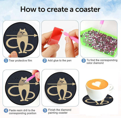 6 pcs Abstract Cat Coasters with Holder DIY Diamond Art Painting for Adults Beginners. Small Diamond Art Kits.Abstract Cat 27-6