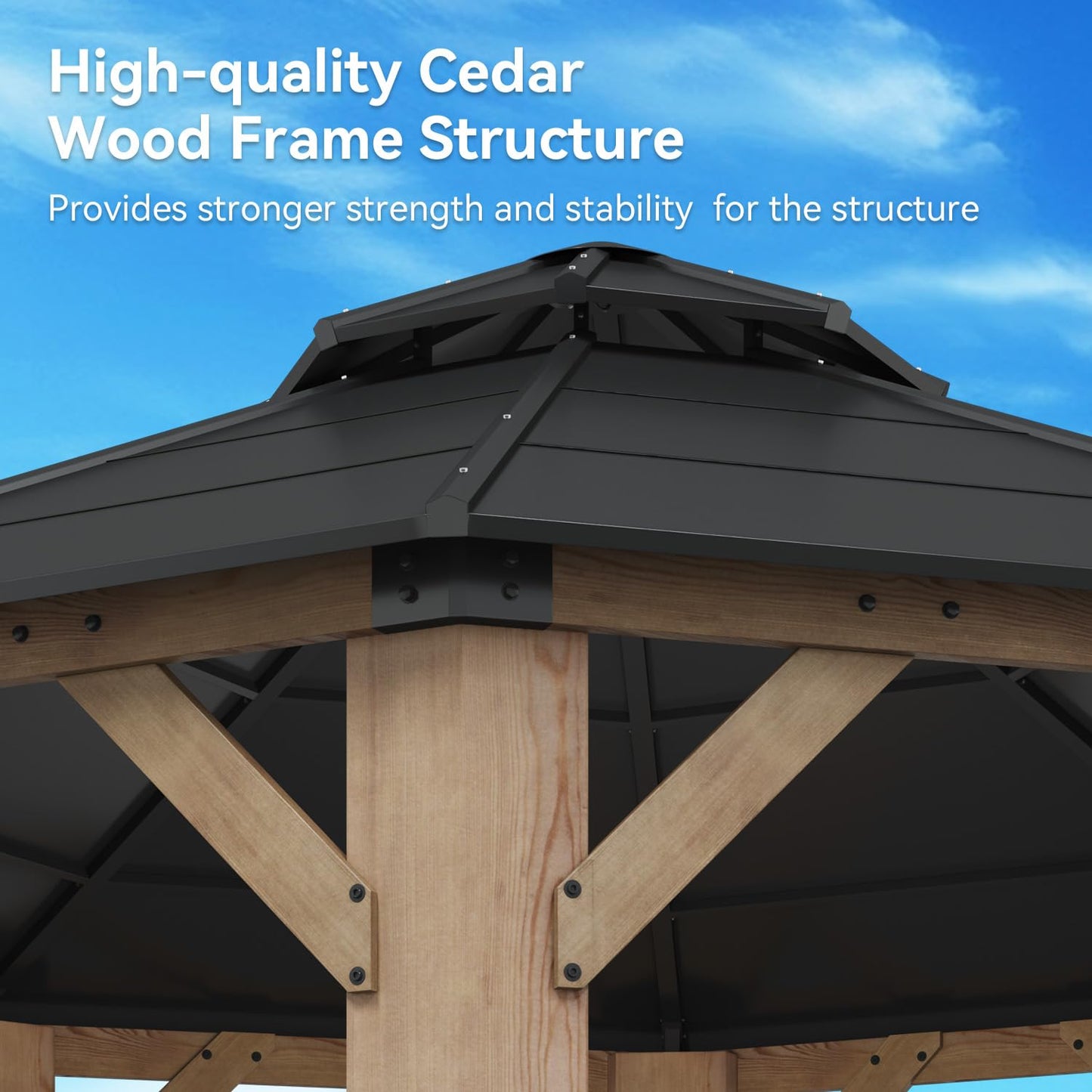 Aoxun 13' x 13' Outdoor Wood Gazebo, Hardtop Gazebo Permanent Wooden Pavilion with Galvanized Steel Double Roof, for Packyard, Garden, Deck, Cedar Wood