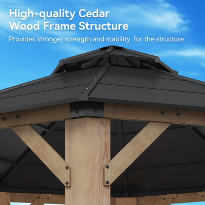 Aoxun 13' x 13' Outdoor Wood Gazebo, Hardtop Gazebo Permanent Wooden Pavilion with Galvanized Steel Double Roof, for Packyard, Garden, Deck, Cedar Wood