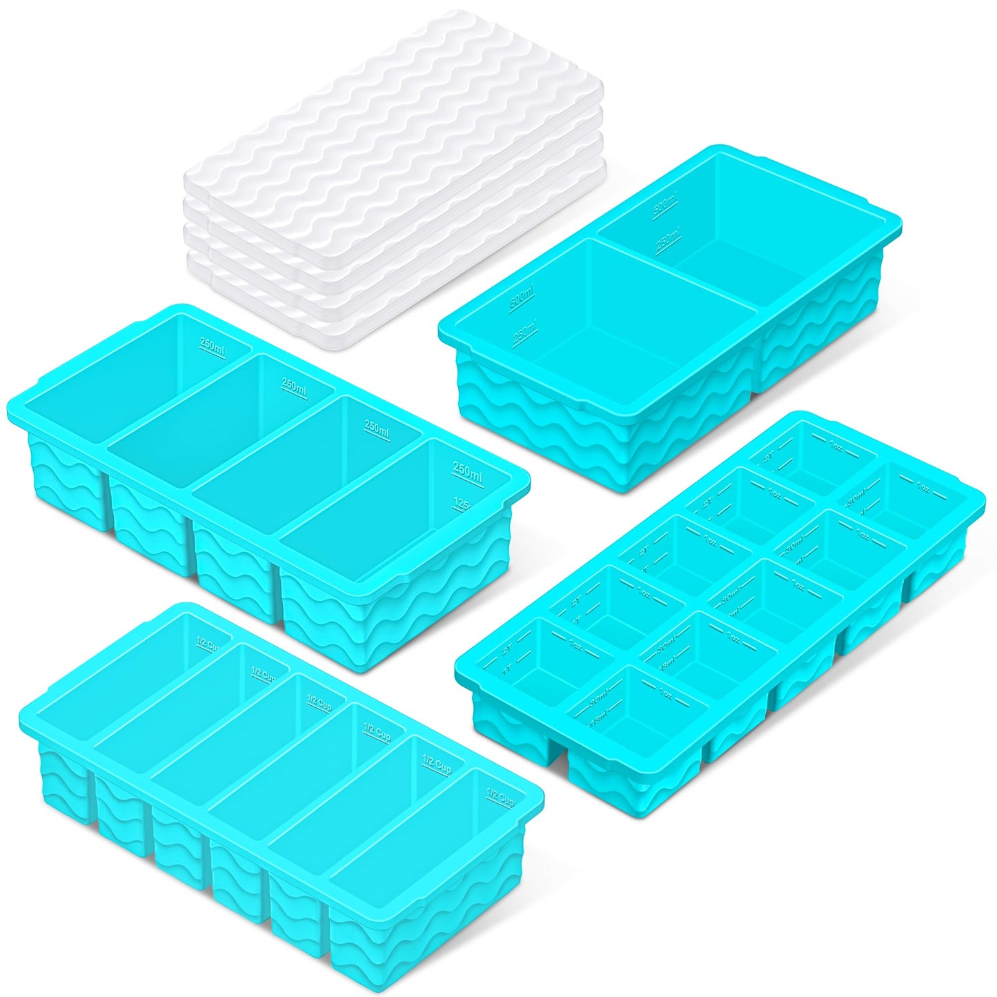 Silicone Freezer Trays with Lid (4-Pack), 1-Cup, 2-Cup, 1/2-Cup & 2-Tbsp Silicone Freezer Molds, Stackable Soup Freezer Meal Prep Containers,Ice Cube Tray for Making Sauce,Smoothies,Yogurt Bites