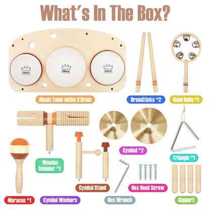 Kids Drum Set - Montessori Toys for 2 Year Old Boy Girl Birthday Gifts, 11 in 1 Wooden Musical Instruments for Toddlers 2-3, Musical Activity Table Preschool Learning Toys for Baby 18+ Months