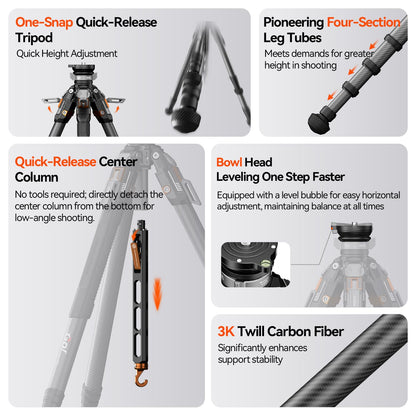 COMAN T1S Snap Open Carbon Fiber Tripod, Professional Tripod for Camera with Ball Bowl Head, 65'' Video Tripod with Quick Release Center Column, Max Load 20kg / 44lb