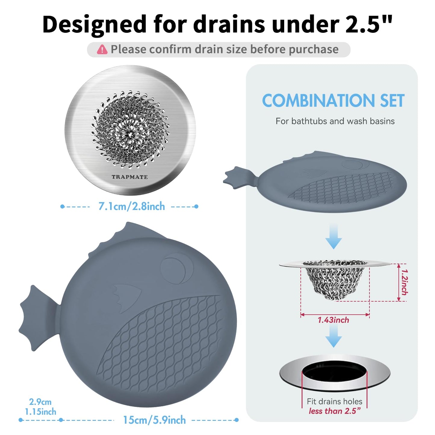 TRAPMATE Bathtub Stopper Drain Strainer Kit, Easy Clean Tub Shower Drain Hair Catcher, Anti-Clog Stainless Steel Sink Cover, Drain Protector for Bathroom Sink & Wash Basin (Patented Product)