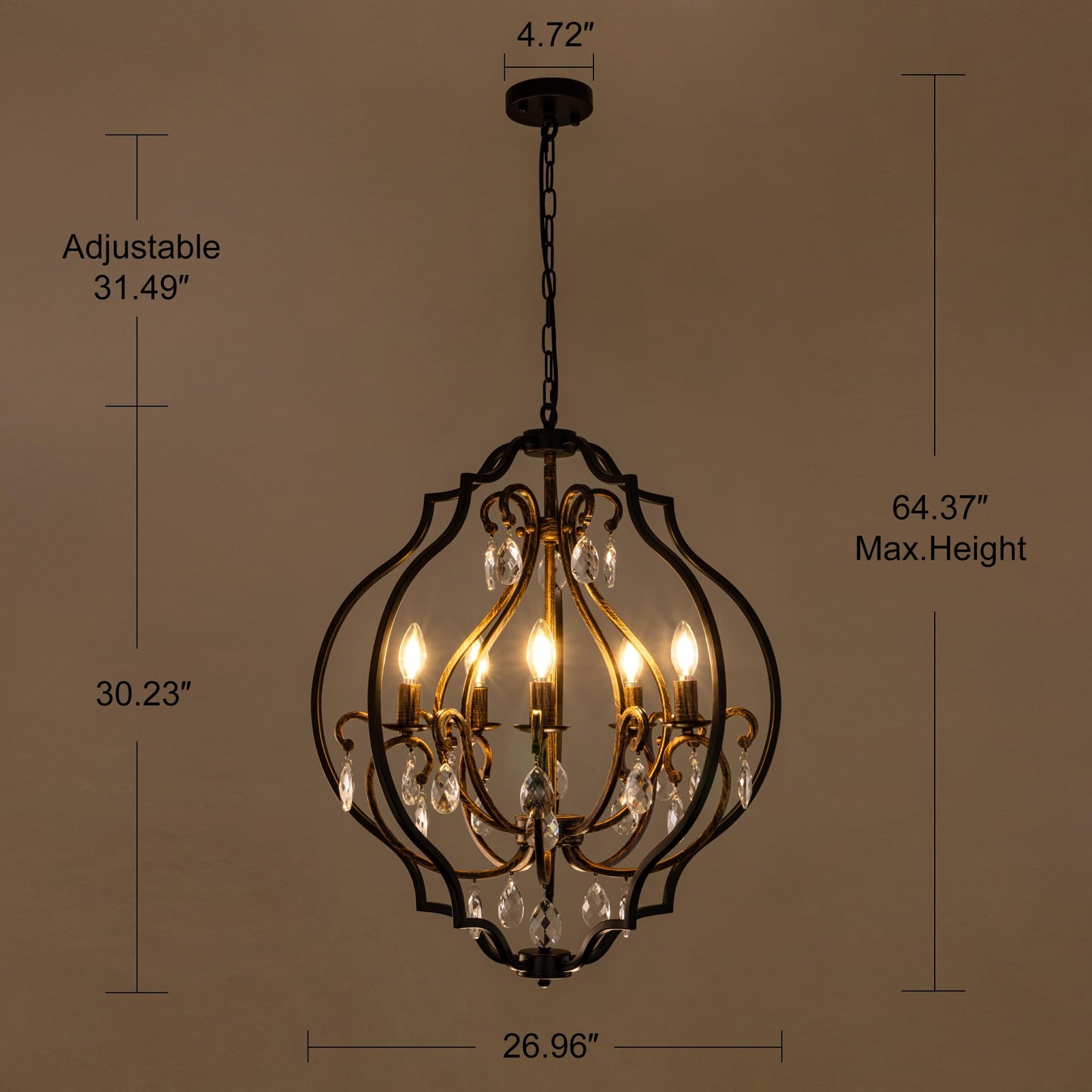 TOCHIC 5 Lights Farmhouse Chandelier, Rustic Orb Chandeliers for Dining Room, Black Crystal Chandelier Light Fixture for Living Room, Bedreoom, Hallway, Bronze, D 27"