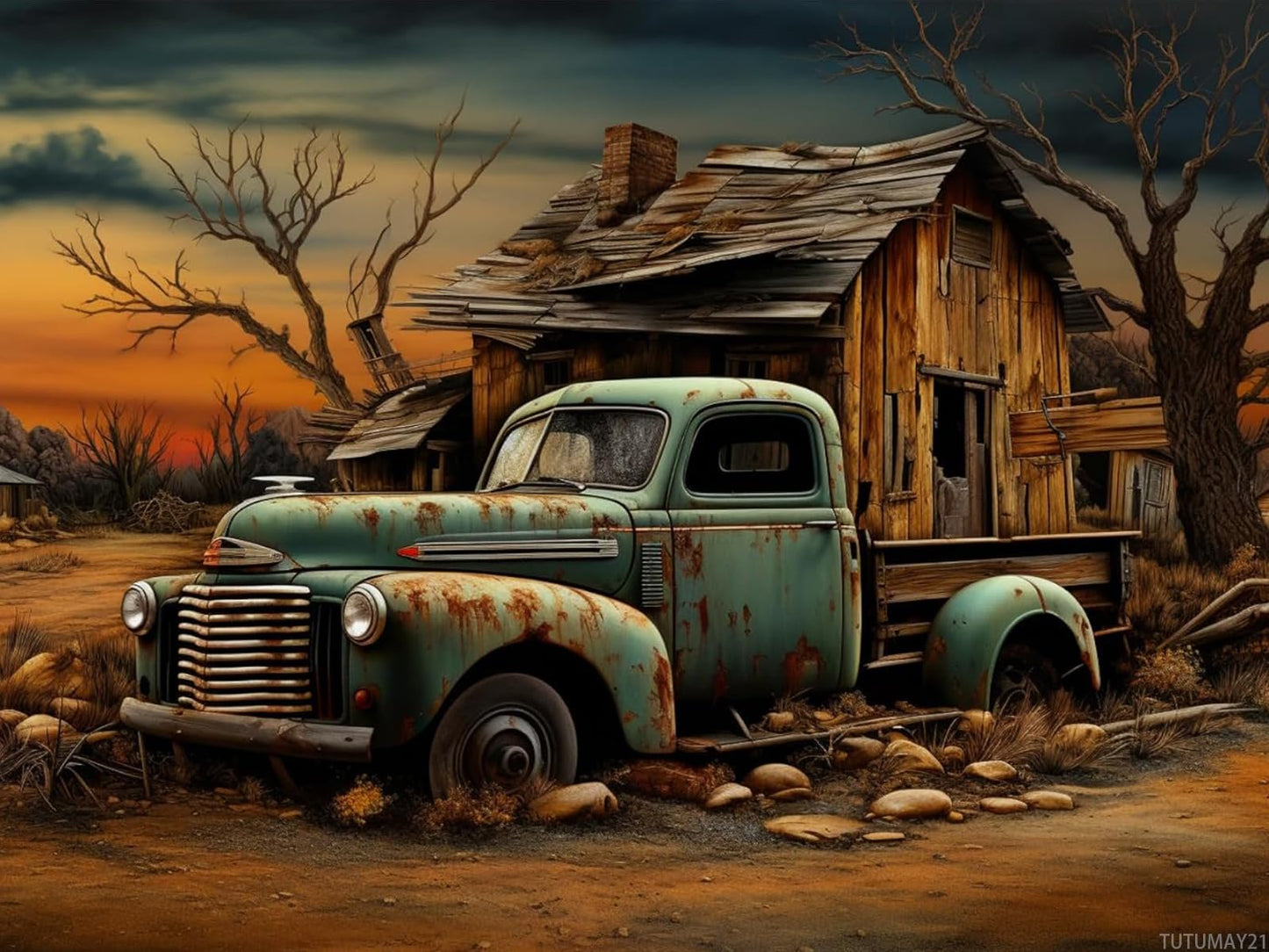 TUTUMAY21 5D Diamond Art Painting Old Rusted Green Truck Car and Wooden House Full Drill Diamond Art Painting by Number Kits for Adults Round Beads Mosaic Cross Stitch for Wall Decoration 12x16 inch