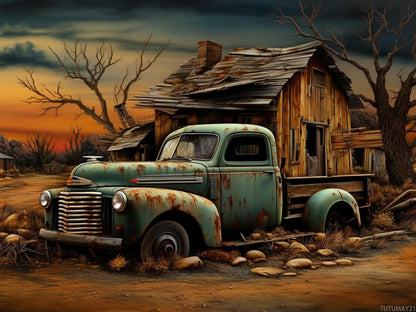 TUTUMAY21 5D Diamond Art Painting Old Rusted Green Truck Car and Wooden House Full Drill Diamond Art Painting by Number Kits for Adults Round Beads Mosaic Cross Stitch for Wall Decoration 12x16 inch