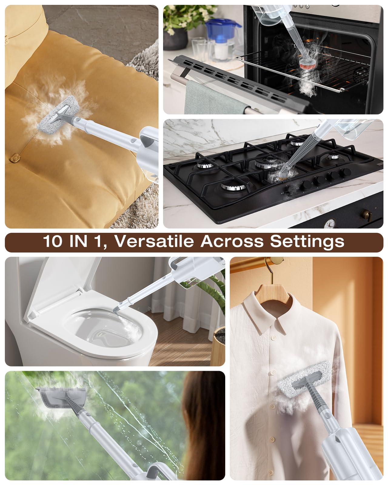 10-in-1 Steam Mop with Detachable Handheld Steamer, 350ml Tank, 10s Heat-Up, 248°F Steam Cleaner, 3-Level Control and Swivel Head for Floors, Carpets, Tiles, BBQ grill Multi-Surface Clean White