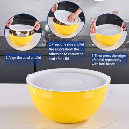 Onlycooker Yellow Mixing Bowls With Airtight Lids,Stainless Steel Bowl,Salad Bowls 7 Piece Colorful Nesting Bowl Yellow Kitchen Accessories,Size 7,3.6,2.7,2.1,1.5,1.1,0.8QT Stackable Design